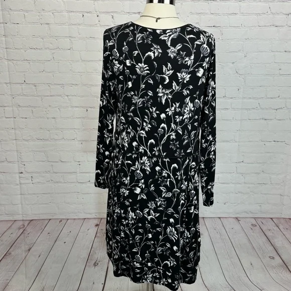 J. Jill Black & White Floral Midi Dress w/Pockets Long Sleeve Medium - Picture 4 of 11